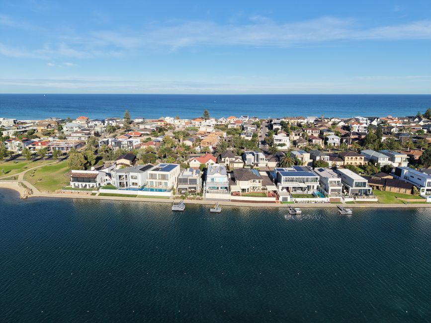 Aerial view of an Australian coastal neighbourhood of homes