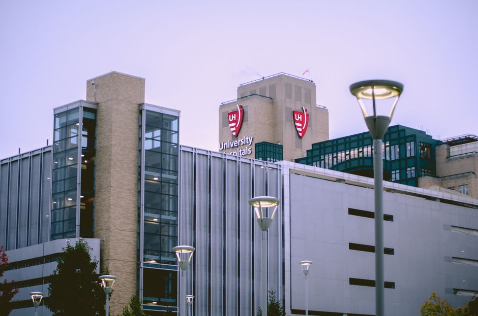 Modern hospital building, illustrative of the cause