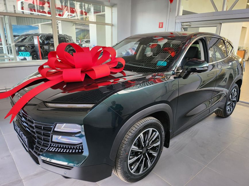 A shiny new car topped with a large red bow